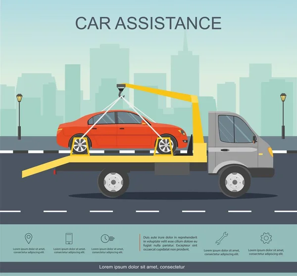 Assistance routière. Voiture évacuateur conduire avec voiture rouge sur la route . — Image vectorielle