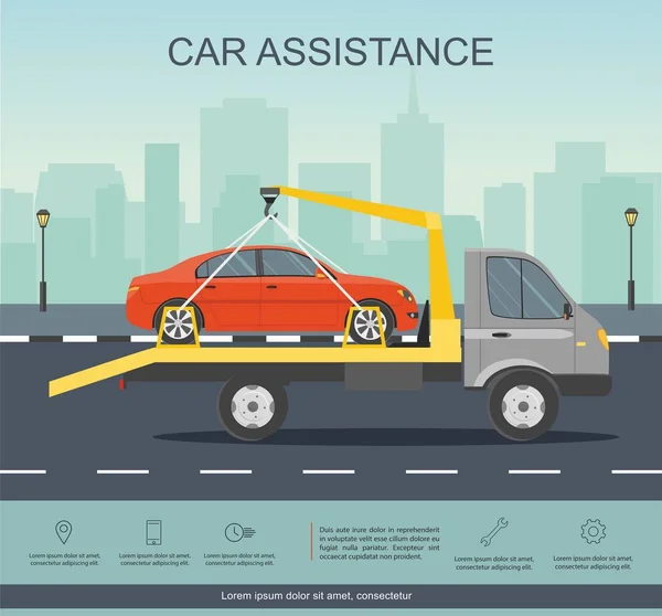 Road assistance. Car evacuator drive with red car on the road. — Stock Vector