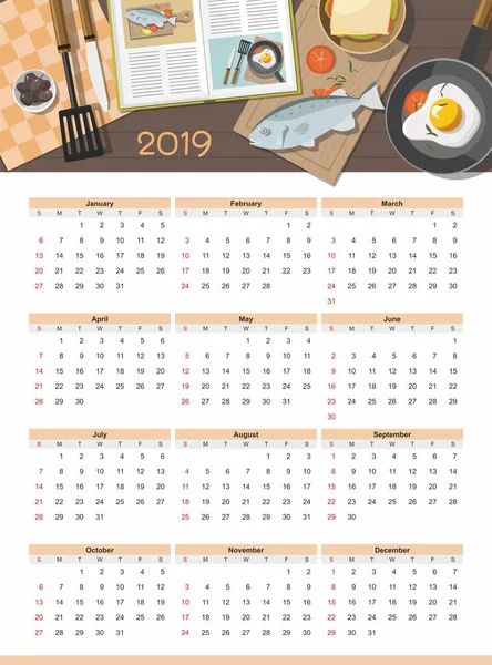 Lebensmittel-Kalender 2019. von oben — Stockvektor
