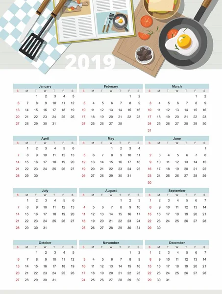 Food calendar 2019. Top view. — Stock Vector