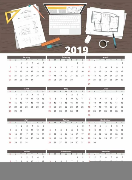 Бизнес, строительство, архитектурный план дома, календарь 2019. Вид сверху . — стоковый вектор