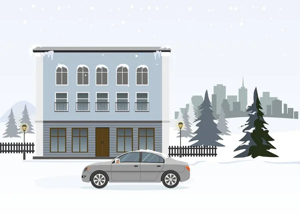 Chalet moderne avec voiture grise. Temps d'hiver . — Image vectorielle