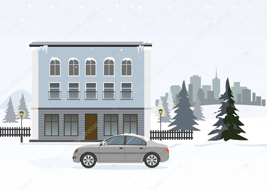 Modern cottage with gray car. Wintertime.