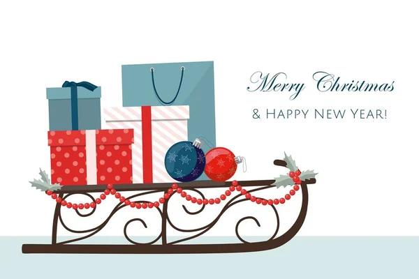 Christmas illüstrasyon. Atlı kızak dolu hediye kutuları ve alışveriş torbaları. 