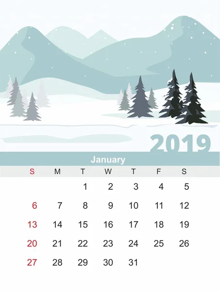 Calendario gennaio 2019. Montagna Paesaggio invernale con foresta di abeti . — Vettoriale Stock