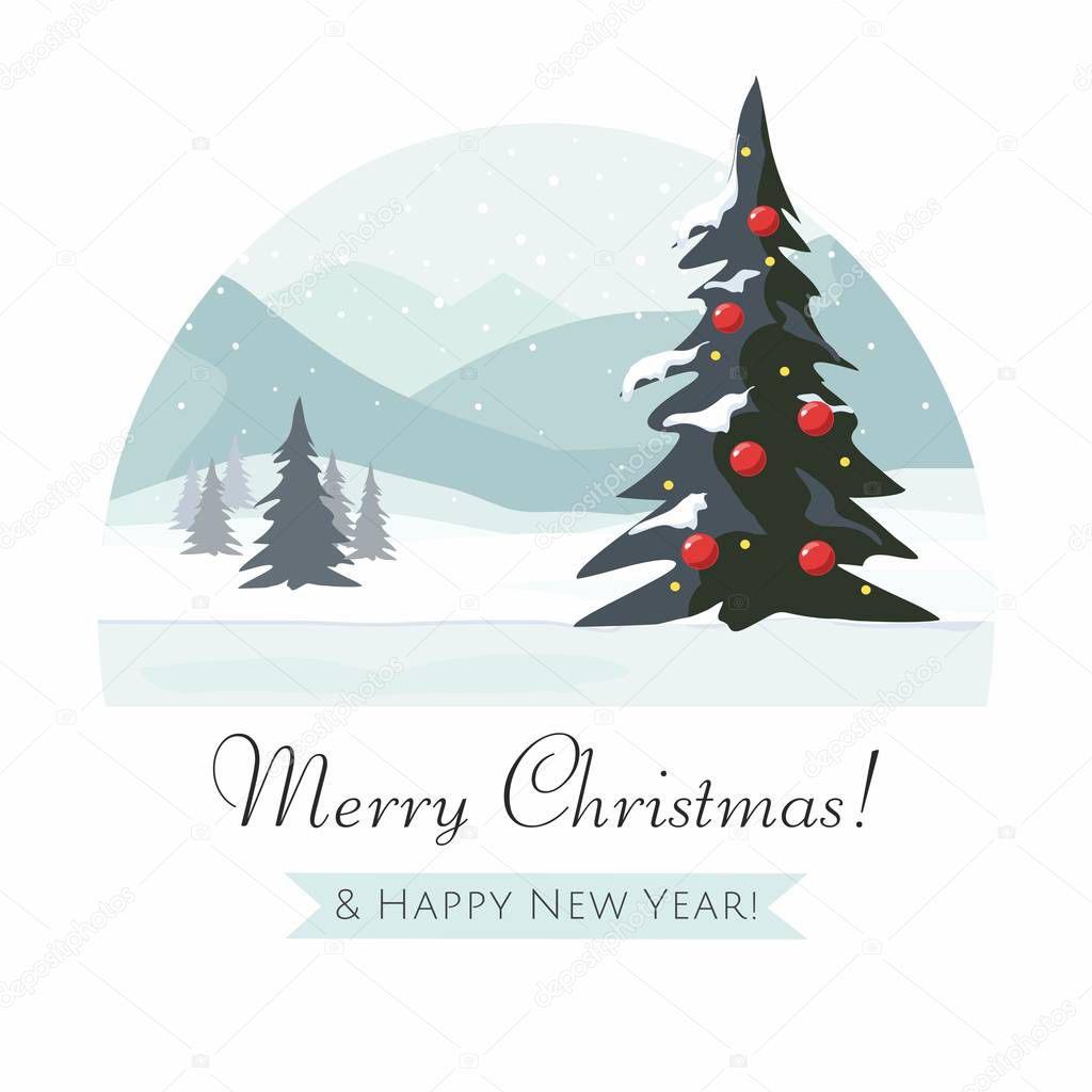 Christmas tree and Mountain Winter landscape.  Vector illustration.