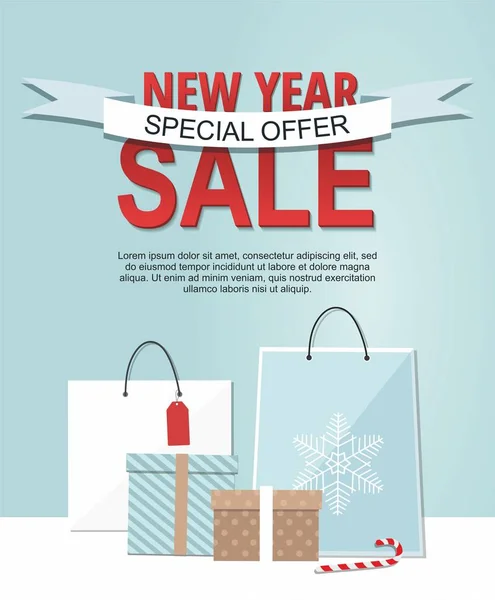 Banner de venta de año nuevo con cajas de regalo y bolsas de compras aisladas sobre fondo azul . — Vector de stock
