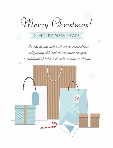 Frohe Weihnachten und Neujahr Banner mit Geschenkboxen und Einkaufstaschen isoliert auf weißem Hintergrund. — Stockvektor
