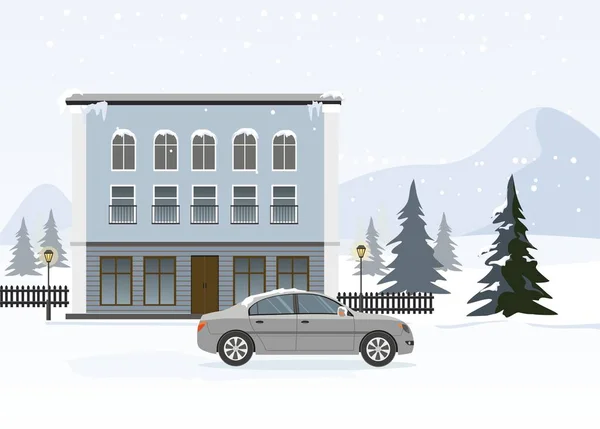 Casa Moderna Con Coche Gris Invierno Estación Esquí Ilustración Vectorial — Vector de stock