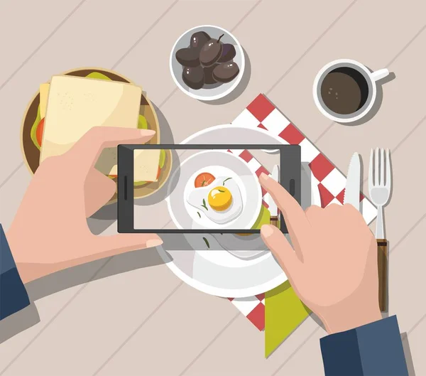 Чоловік фотографує їжу на смартфоні. Концепція мобільної фотографії . — стоковий вектор