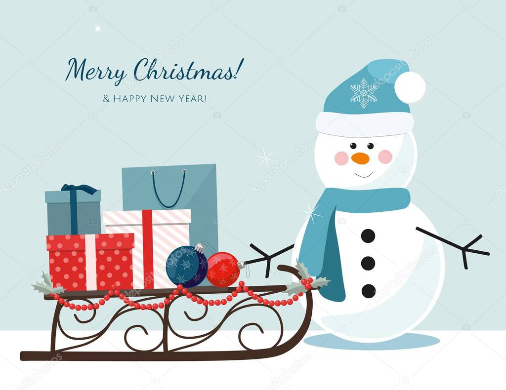 Christmas snowman, sleigh filled with gift boxes and shopping bags. Vector Illustration