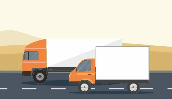 Camión de entrega de carga naranja y furgoneta aislados en el desierto Fondo — Vector de stock
