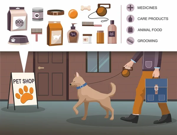 Человек гуляет с собакой. Магазин аксессуаров для домашних животных . — стоковый вектор