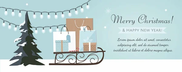 Noel ağacı, hediye kutuları ve mavi arka plan üzerinde garland ile neşeli Noel ve yılbaşı banner. 