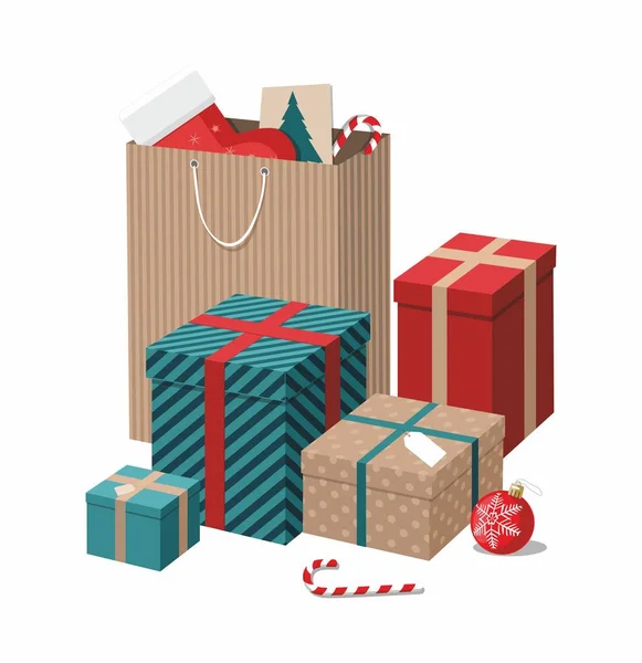 Weihnachtsgeschenkboxen und Einkaufstaschen mit weißem Hintergrund. — Stockvektor