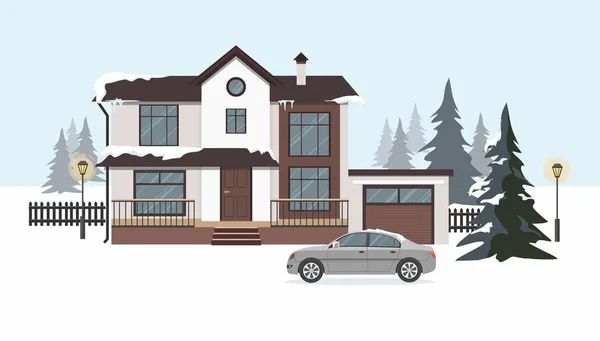 Casa de campo moderna com carro cinza. Tempo de Inverno . —  Vetores de Stock