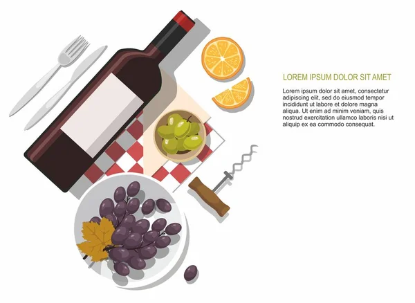 Verre à vin, bouteille de vin, olives et raisin composition sur fond blanc . — Image vectorielle