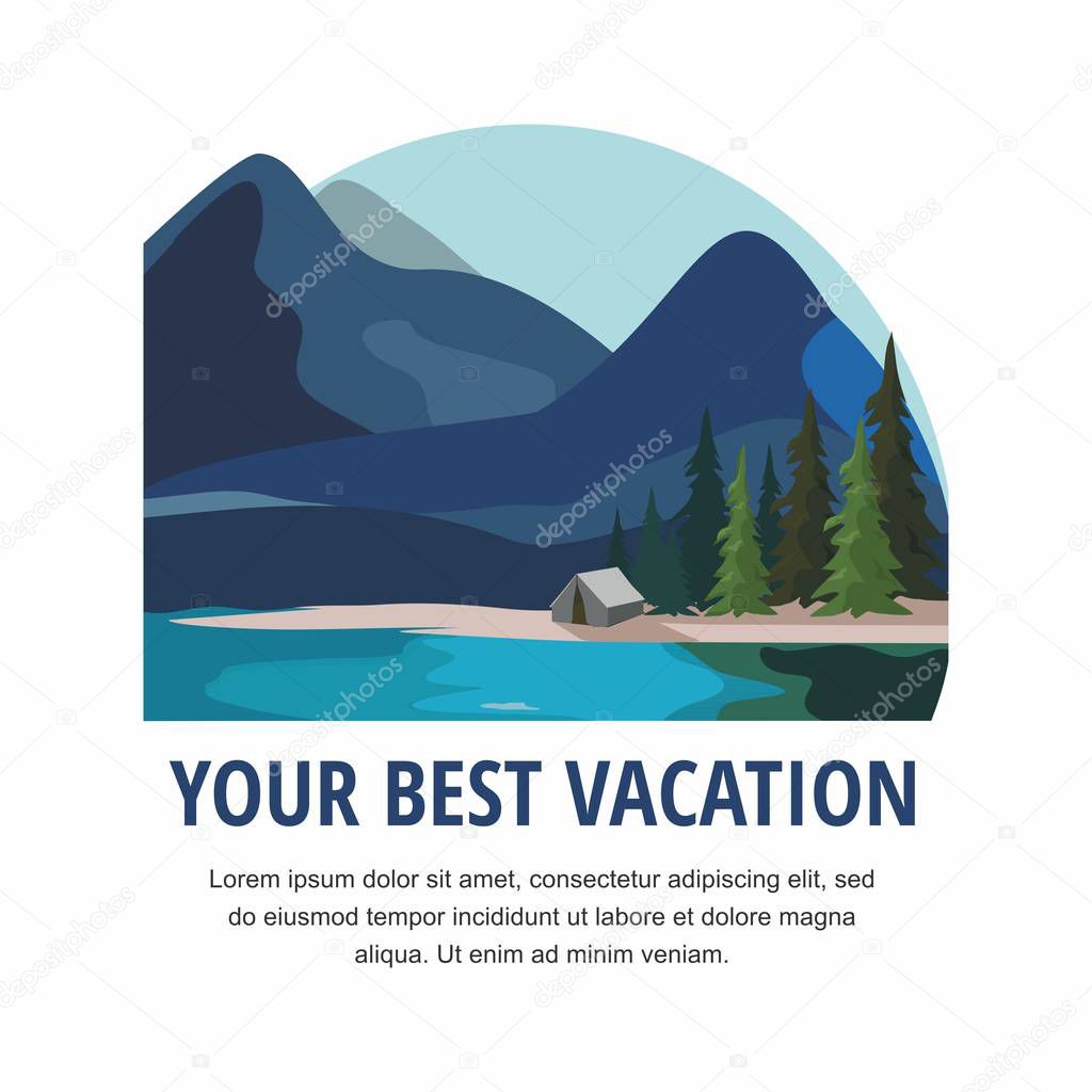 Vacation and Tourism. Mountain landscape with fir trees and river. Vector Illustraion