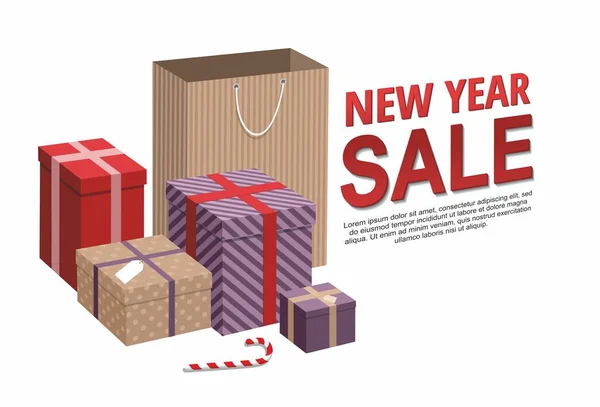 Cajas de regalo y bolsas de compras sobre fondo blanco. Venta de Año Nuevo — Archivo Imágenes Vectoriales