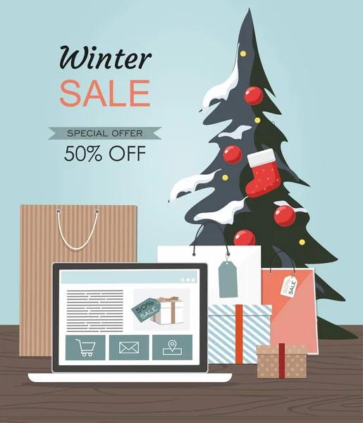 Venta de invierno Ilustración con árbol de Navidad, cajas de regalo y portátil. Oferta Spesial . — Vector de stock