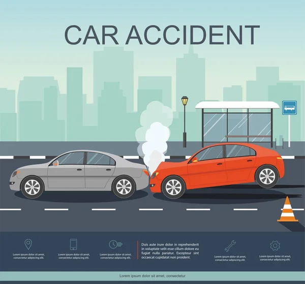 Wypadek dwóch samochodów na drodze. Infografika transporation. — Wektor stockowy