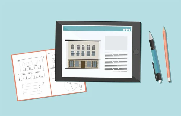 Ескіз, креслення будівлі в блокноті та цифровому планшеті . — стоковий вектор