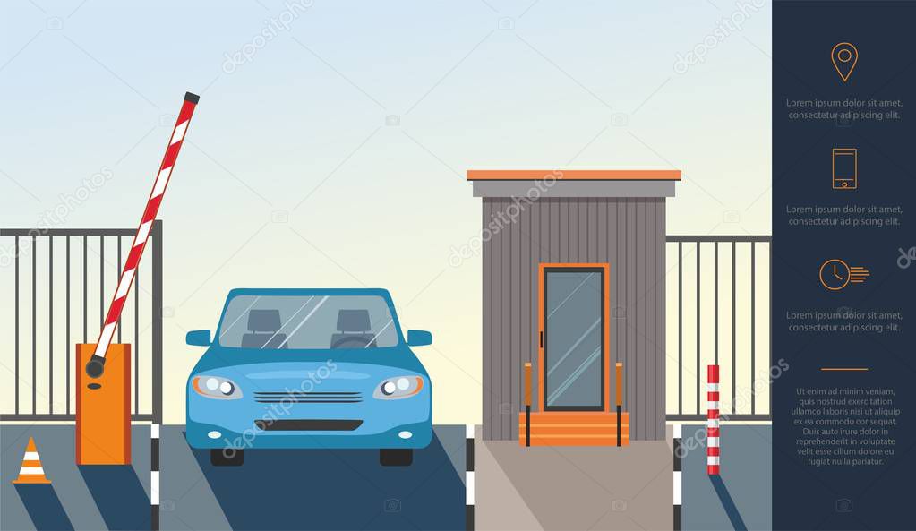 Automatic Rising Up Barrier, automatic system gate for security and blue car.