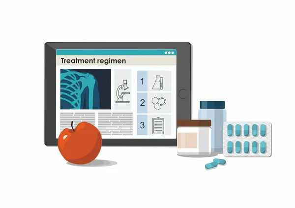 Medikamententabletten mit Flaschen, Behandlungsschema auf digitalem Tablet. weißer Hintergrund. — Stockvektor