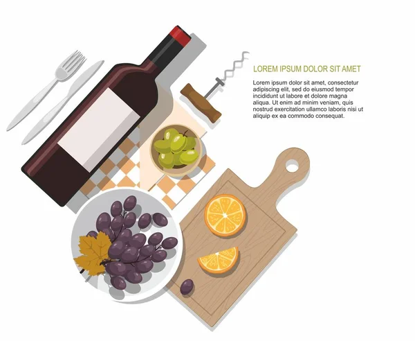 Bottiglia di vino, olive e composizione dell'uva su fondo bianco. Degustazione vini . — Vettoriale Stock