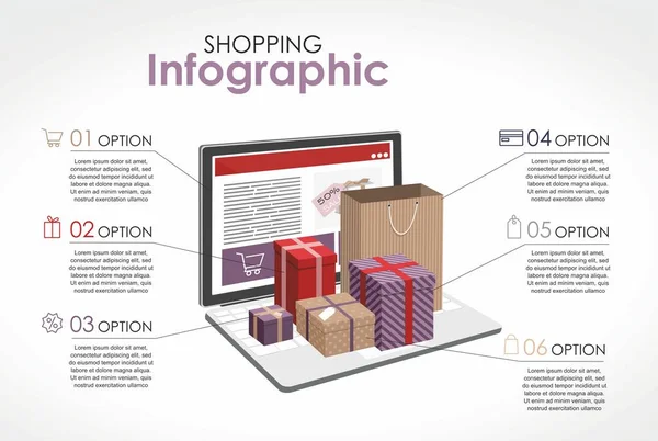 Shopping infographic. Gifts, open laptop with 5 steps