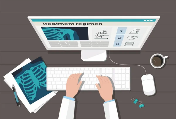 La mesa del doctor. Concepto de medicina. Pulmones de rayos X, computadora y pluma . — Vector de stock