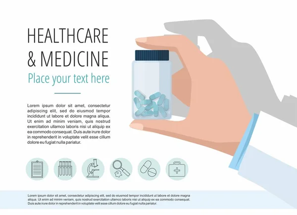 Main du médecin montrant une bouteille de pilules. Modèle vectoriel avec icônes et texte — Image vectorielle