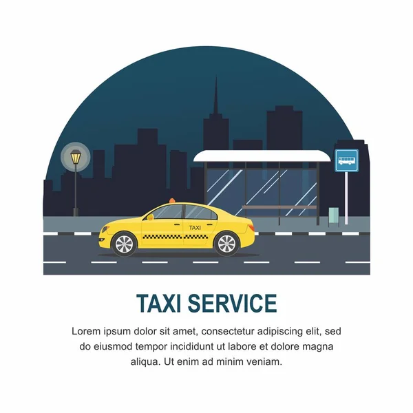 Taxi arrêté à l'arrêt de bus sur fond de ville nocturne — Image vectorielle
