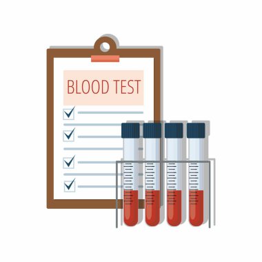 Tıbbi test tüpleri tutucu ve test sonuçları üzerinde beyaz kan. 
