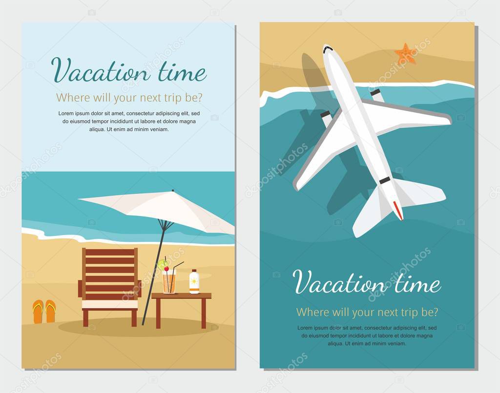 Summer Vacation and Tourism. Chaise lounge and umbrella on the beach. Airplane flies over a sea. 