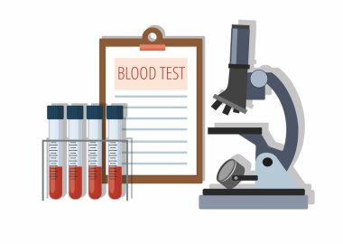 Beyaz tutucu, test sonuçları ve mikroskop kanlı tıbbi test tüpleri. 
