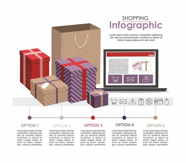 Infographic alışveriş. Bilgisayar, hediyeler ve alışveriş çantası üzerinde beyaz izole