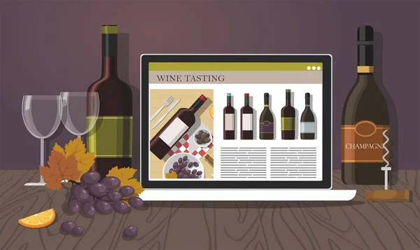 Botellas de vino, cuaderno, uva y dos copas. Degustación de vino tinto . — Archivo Imágenes Vectoriales
