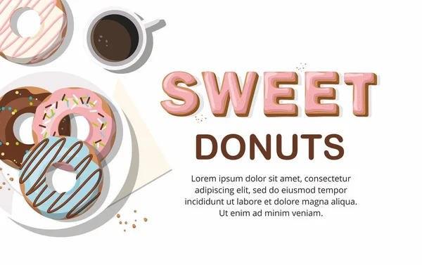 Donuts et une tasse de café sur le fond blanc. Vue du dessus — Image vectorielle