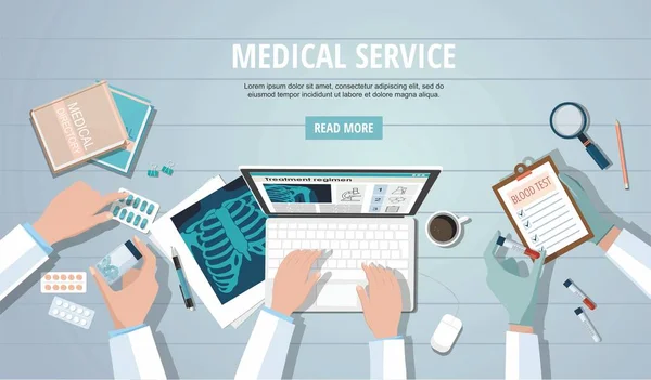 Orvosok táblázat munkahelyen. Gyógyászat fogalmát. Tüdő röntgen, a számítógép és a tabletták. — Stock Vector