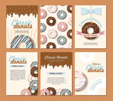 Set posterler donuts şablonuyla vektör. Tatlı arka plan. 