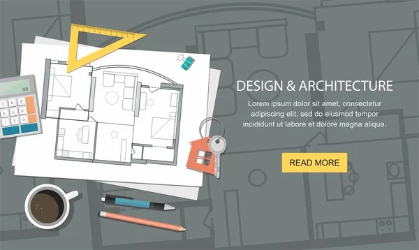 Projeto de construção arquiteto casa plano com ferramentas. Chave com símbolo de casa. Fundo de construção . —  Vetores de Stock