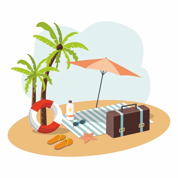 Suitcase, umbrella and Beach Accessories . Vacation and travel. 3D — Stock Vector