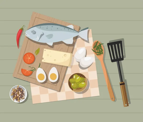 テーブルの上の別の食べ物。卵、野菜、魚。平面図です。料理のコンセプト. — ストックベクタ