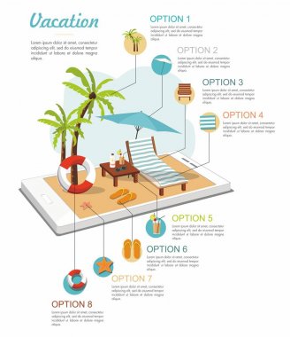 Seyahat Izometrik bilgi grafiği. Beyaz akıllı telefonda Summer Beach Aksesuarları.