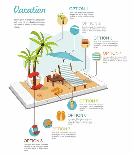Infográfico isométrico de viagem. Acessórios de praia de verão no smartphone no branco . —  Vetores de Stock