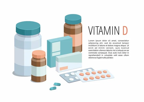 Pilules et capsules isolées multicolores avec une boîte à pilules. Vitamine D . — Image vectorielle