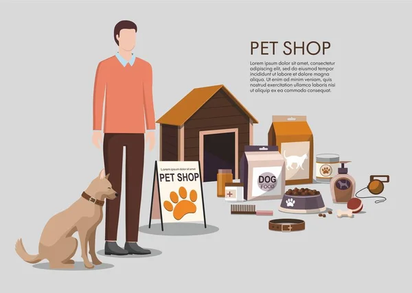 HaustierzubehörZoohandlung mit Mann und Hund. Zoohandlung. — Stockvektor