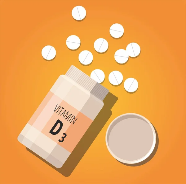 Μπουκάλι από χάπια με βιταμίνη δδυο πορτοκαλί φόντο. — Διανυσματικό Αρχείο