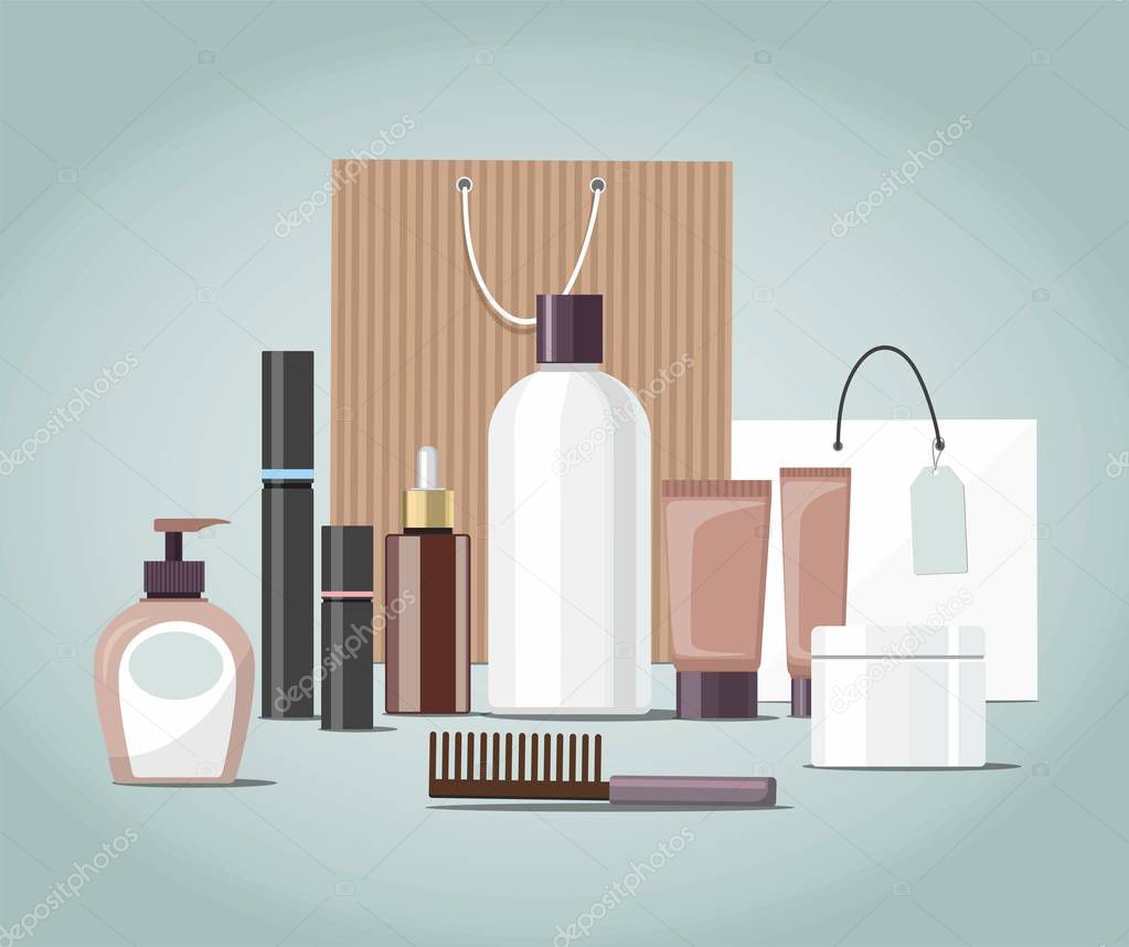 Make Up products and Skincare Packaging  with cosmetic bag Template. Vector Illustration   